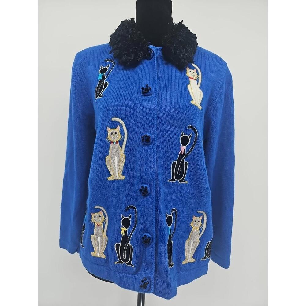 Vtg Berek Cat Cardigan Large Blue Embroidered Beaded Chunky‎ Knit Paw Buttons
